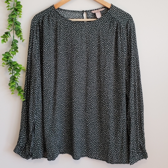 H&M Tops - H&M Forest Green & White Dot Crepe Blouse